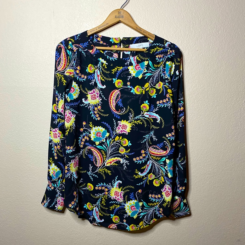 LOFT Floral Paisley Blouse Blqck New